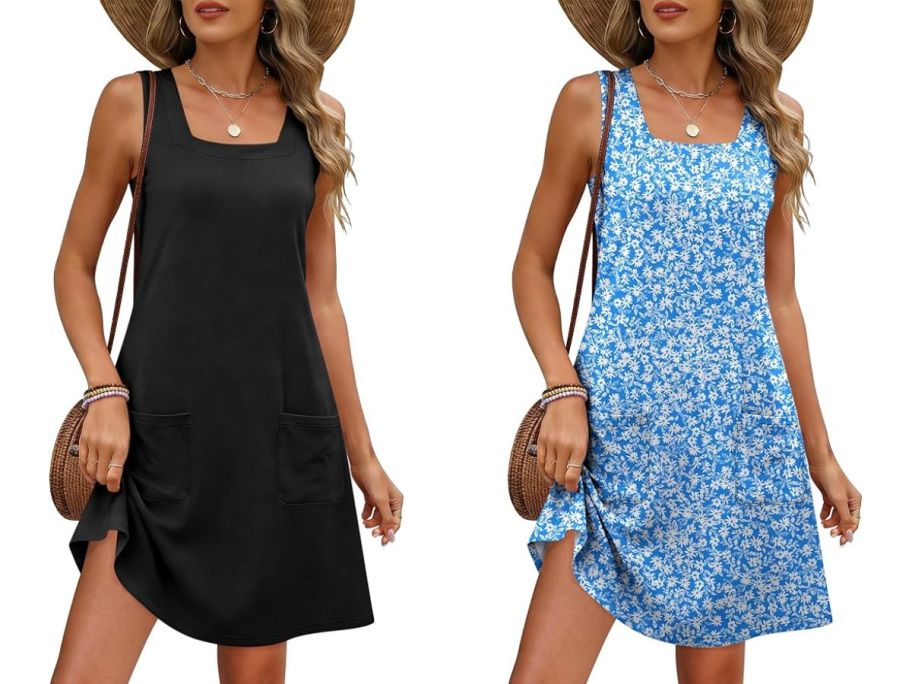 Stock images of two women wearing square-neck tank dresses with pockets