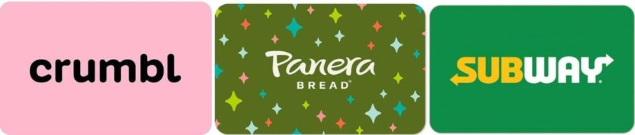 Stock images of Crumbl, Panera and Subway Gift Cards