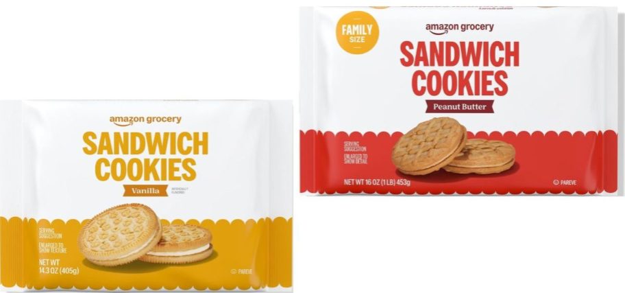 Stock images of two packs of Amazon Grocery Sandwich Cookies
