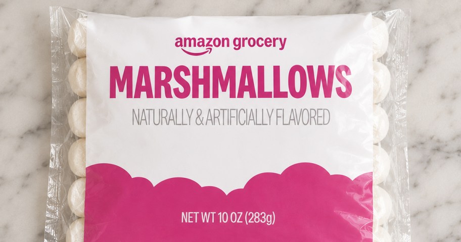 bag of Amazon Grocery Marshmallows on a marble counter