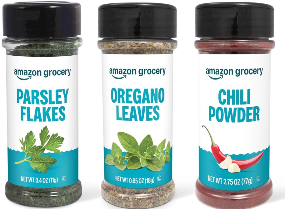 bottles of Parsley Flakes, Oregano Leaves, and Chili Powder