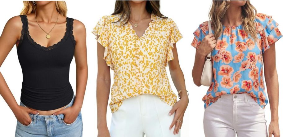 Stock image of 3 women wearing Tops from Amazon