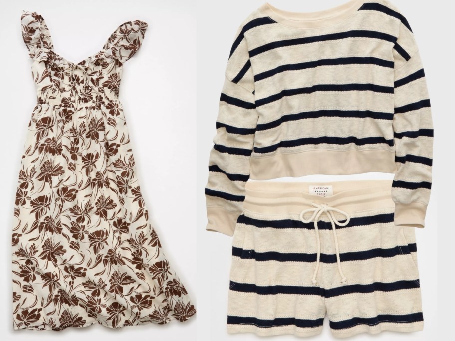 stock images of women's american eagle dress and striped sweater and matching shorts