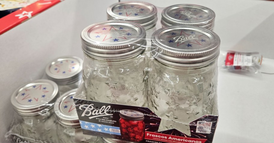 pack of 4 ball mason jars with patriotic americana stars on lid and jar