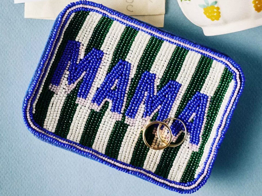striped beaded trinket dish that says mama