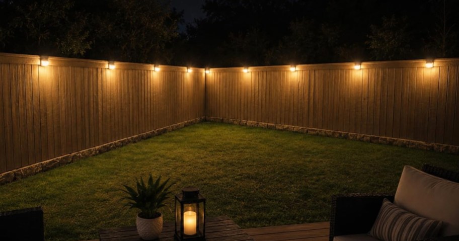 solar lights on fence posts in backyard