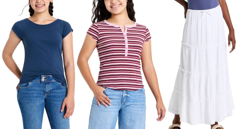 Art Class Girls Boatneck Banded Short Sleeve Knit Top, Henley Short Sleeve Knit Top, Tiered Maxi Skirt 2