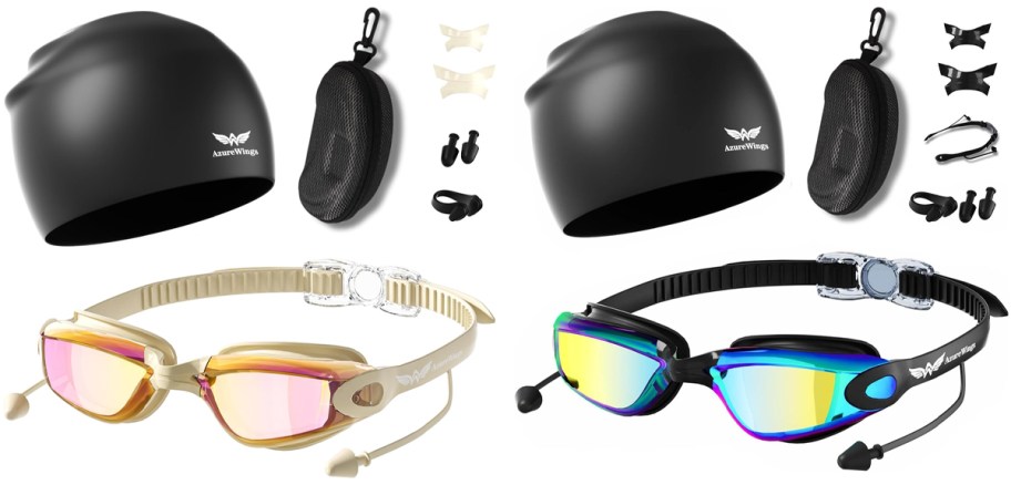 AzureWings Swim Goggles w: Swim Cap, Nose Clips, & Ear Plugs
