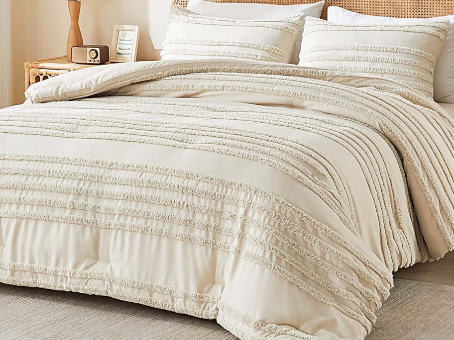 white tufted striped comforter and shams on a bed