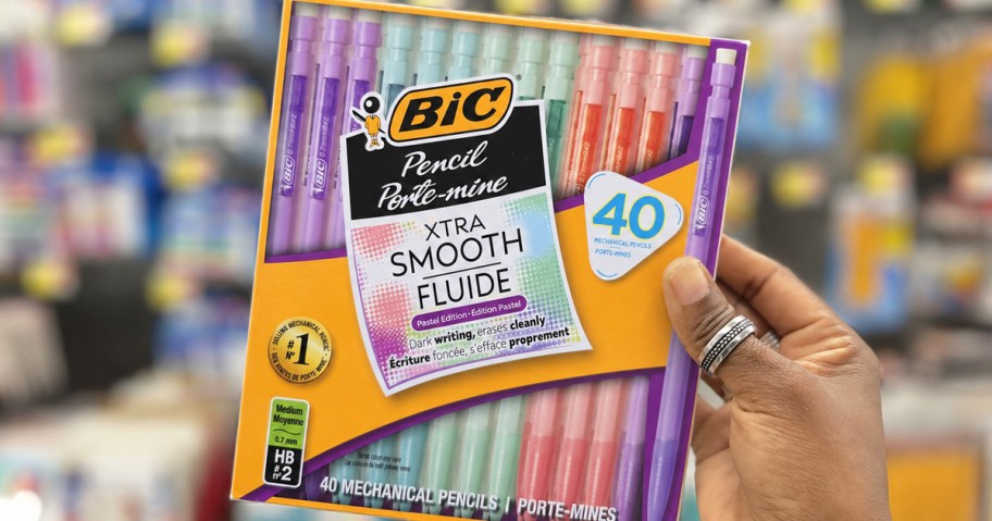 hand holding up a pack of BIC Xtra-Smooth Pastel Mechanical Pencils in store