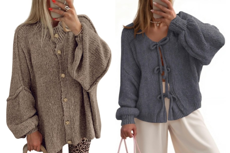 woman in button front cardigan and woman in a tie front cardigan
