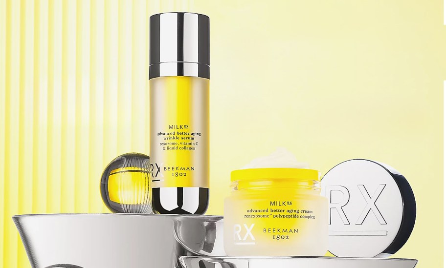 yellow facial cream and serum on display
