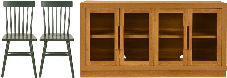 set of 2 geen wooden dining chairs and a tv stand
