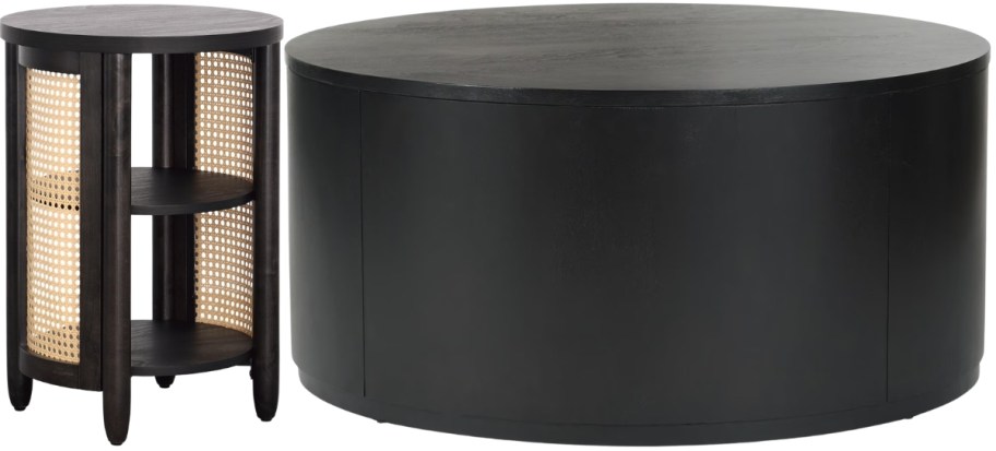 caning side table and round coffee table