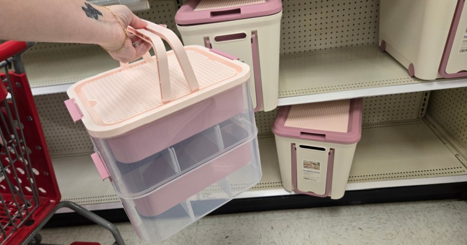 woman holding a pink Brightroom Building Brick Play Rolling Storage Tub in store