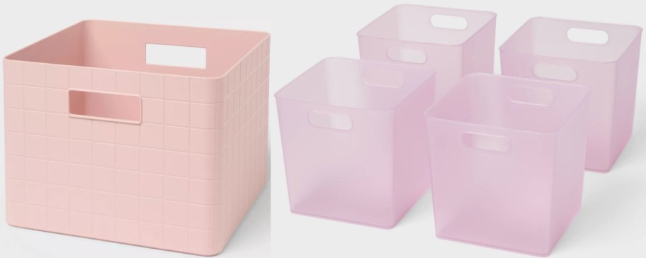 A solid pink grid-textured storage bin next to four translucent pink storage bins.