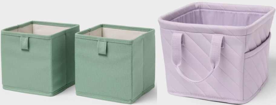 Two sage green fabric storage bins next to a lavender quilted storage bin with handles.
