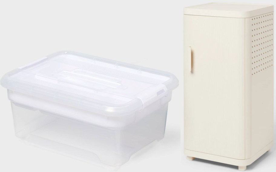 A clear plastic storage bin with a lid next to a tall, narrow cream-colored storage cabinet with perforated sides.