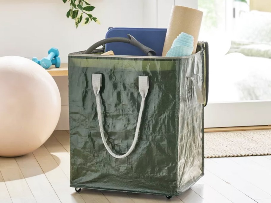 multiple items in a green rolling storage bag