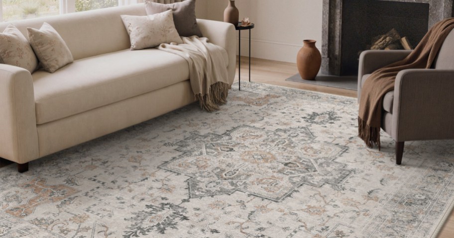 A light-colored area rug featuring a distressed, vintage-style Oriental medallion pattern in shades of gray and muted orange, placed in a living room setting between a cream sofa and a gray armchair.