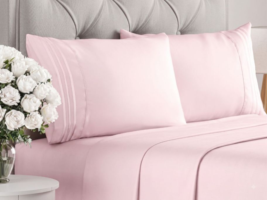 lavender pink CGK 4-Piece Breathable Sheet Set on bed