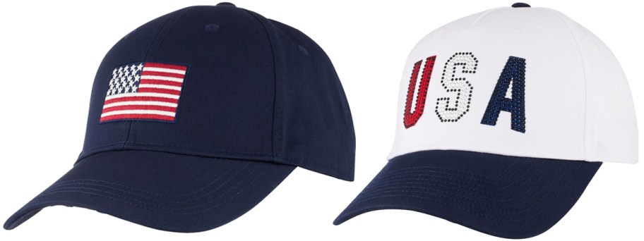 two patriotic themed baseball caps