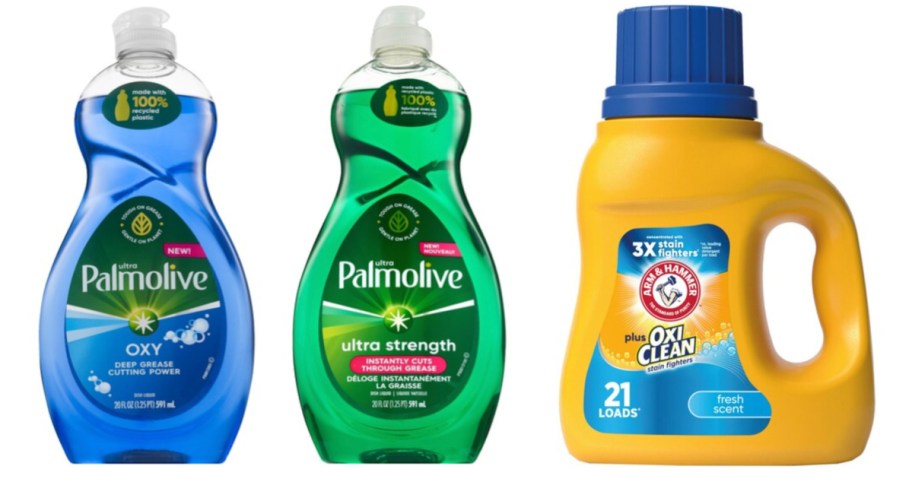 two bottles of dish detergent and bottle of laundry detergent