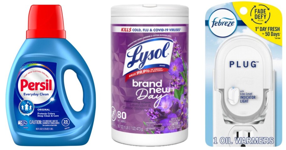 laundry detergent, disinfecting wipes and air freshener warmer