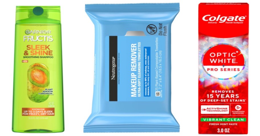 shampoo, makeup remover wipes and toothpaste