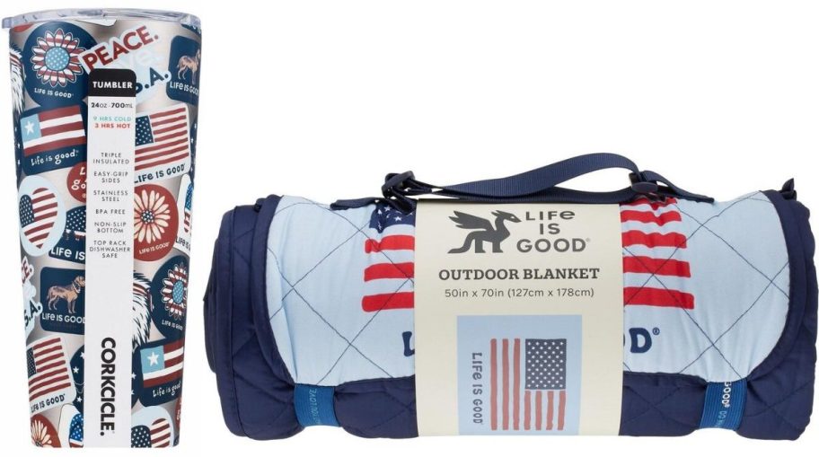 Stock images of patriotic Life is Good Corkcicle Tumbler and Outdoor Blanket
