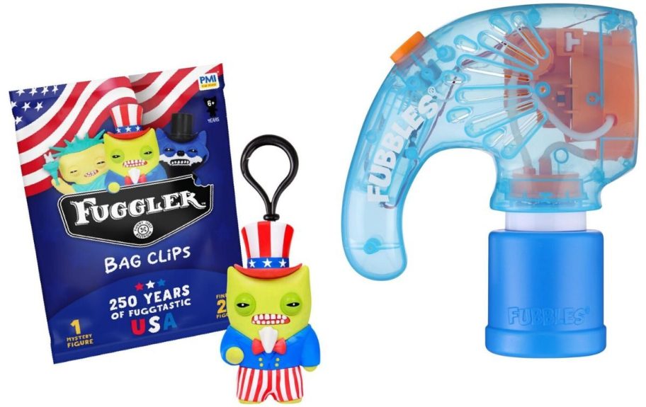 Stock images of 250th anniversary Fuggler keychains and bubble gun from CVS
