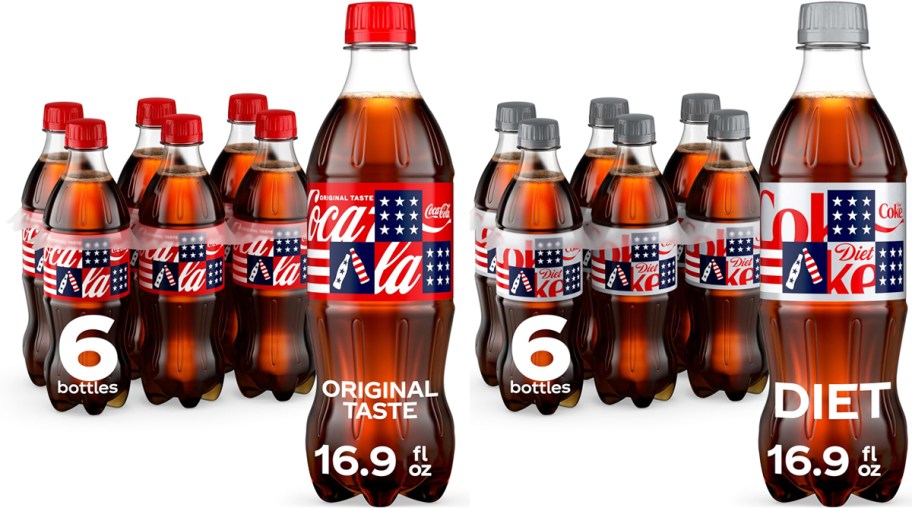 6-pack bottles of Coca-Cola and Diet Coke