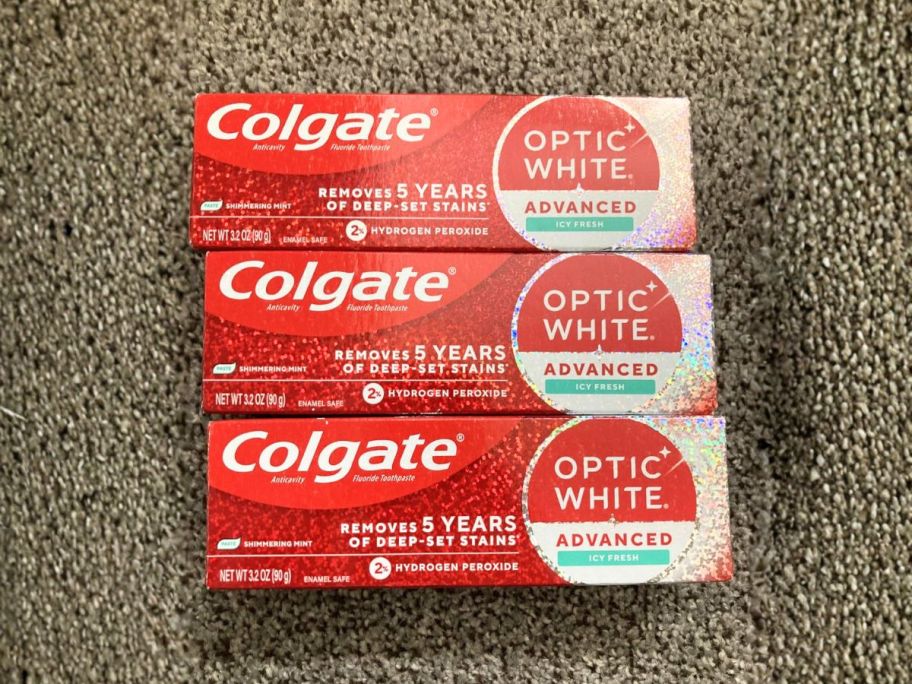 Colgate Optic White Advanced Hydrogen Peroxide Toothpaste 3.2oz 3-Pack in Icy Fresh on display