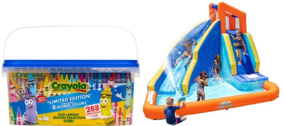 Crayola Crayon Tub 288-Count and Sportspower Big Wave II Inflatable Water Slide with Climbing Wall & Splash Pool
