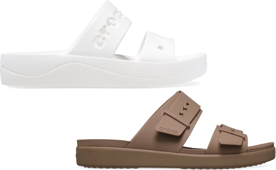 white and brown crocs sandals