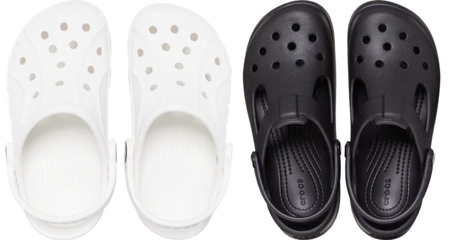 white and black pairs of crocs clogs