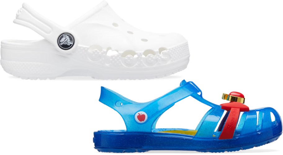 white crocs clog and blue sandal