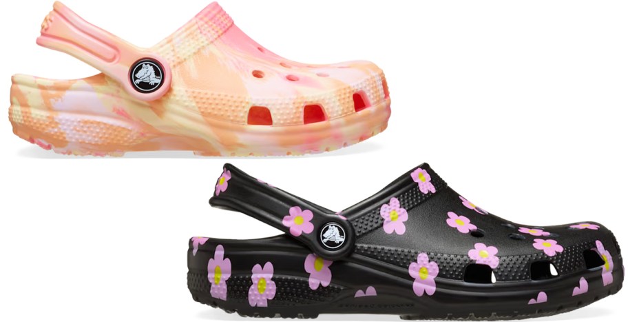 marbled and flower print crocs clogs