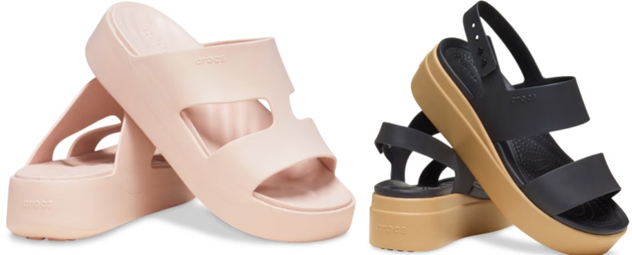 pink and black crocs platform wedges