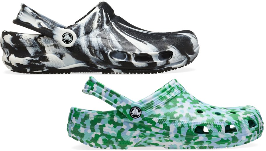 marble and confetti print crocs clogs