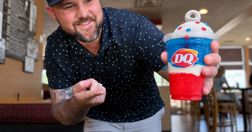 Man holding red, white and blue Patriotic Misty Slush Float