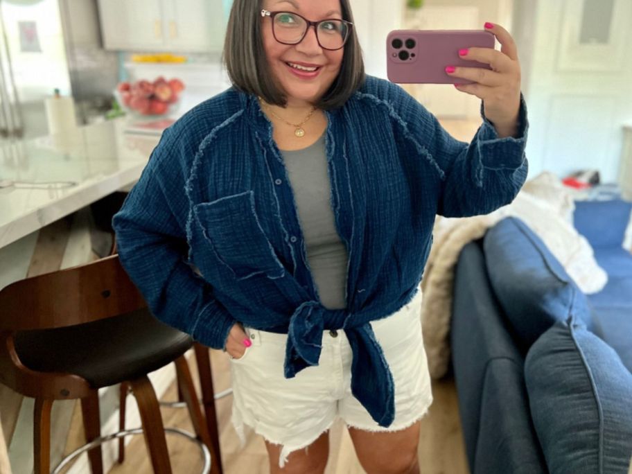 Woman wearing Aerie Daydream Denim Shorts