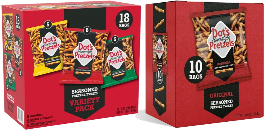 two red boxes of Dot's Pretzels multi-packs