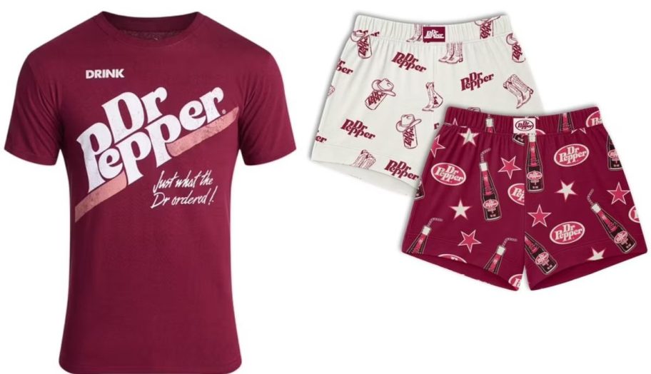 Stock image of Dr Pepper graphic tee and sleep shorts