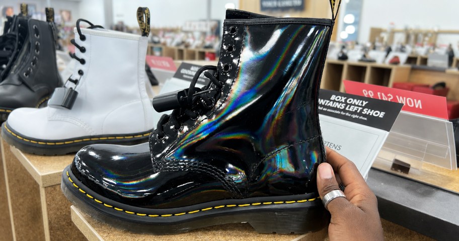 Iridescent combat boot on display in store