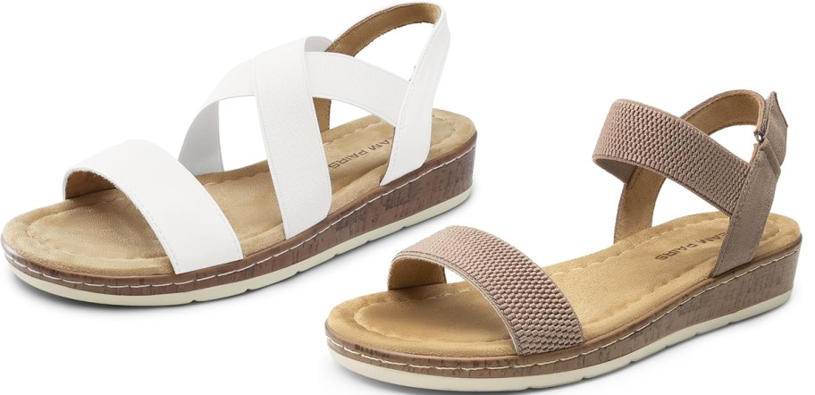 white and brown low wedge sandals