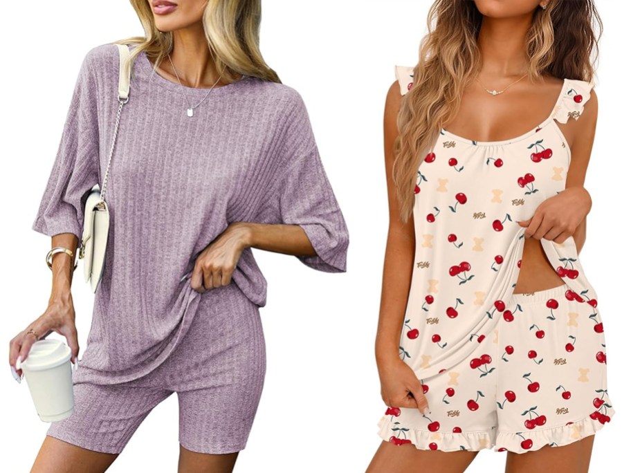 two women modeling pajama sets with shorts