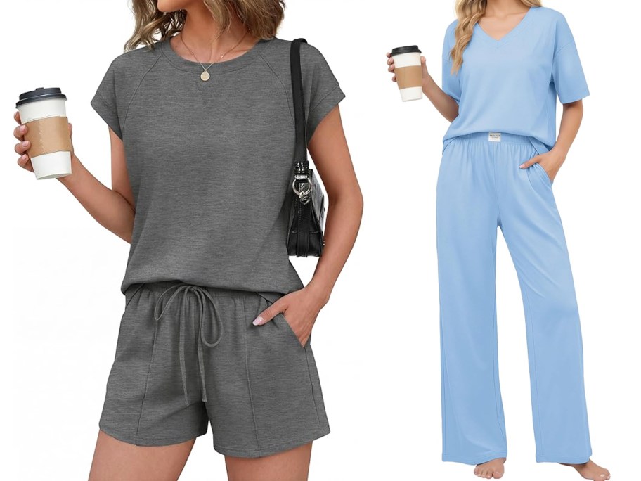 two women modeling grey and blue lounge sets
