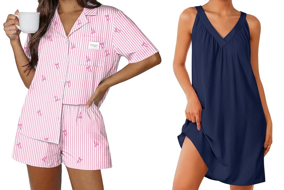 woman in pink pajama set and woman in blue nightgown