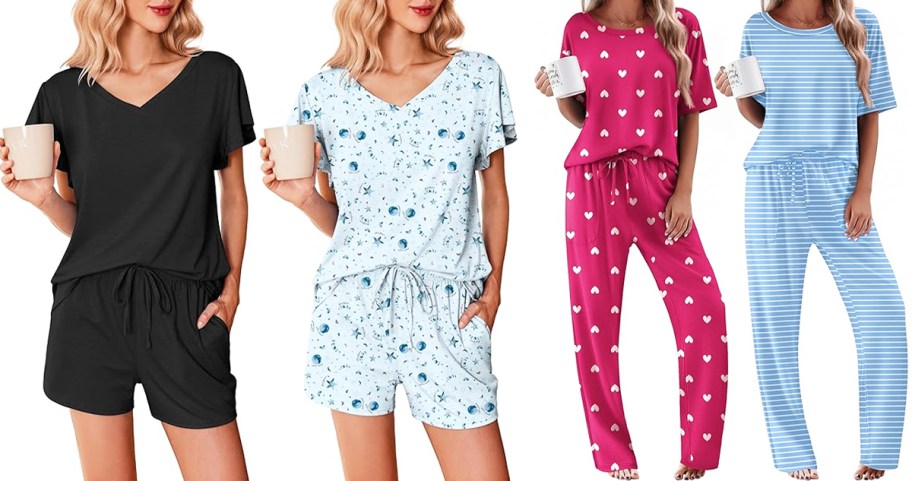 four women modeling pajama sets